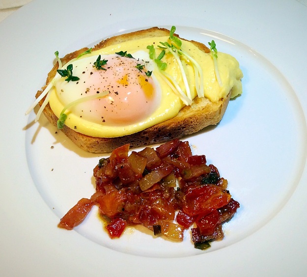 63degC egg with parmesan custard and bacon, tomato and maple salsa